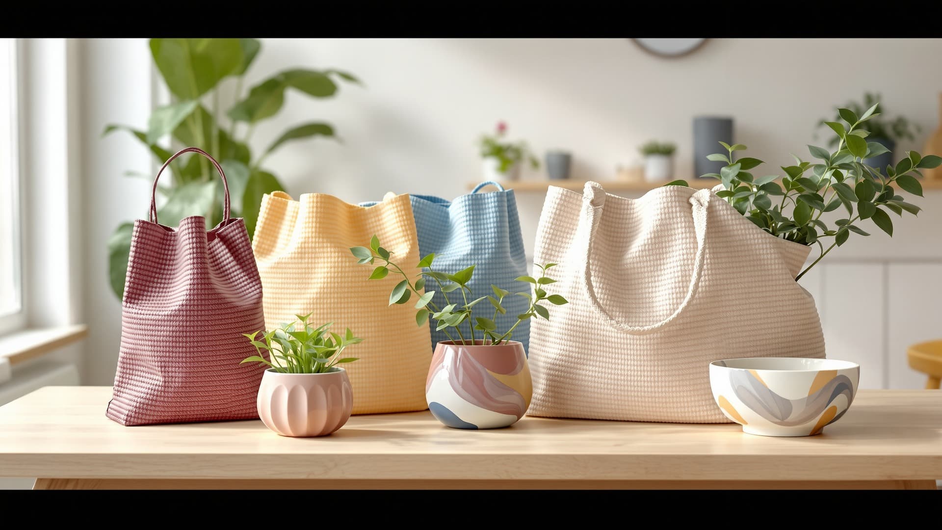 Recycled-plastic products — colourful reusable bags, textured planters and a decorative bowl — arranged on a wooden table in soft natural light
