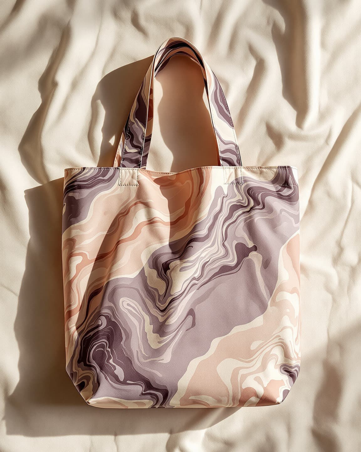 A reusable tote bag made from recycled plastic with a marbled plum-and-earth-tone pattern, shown on a neutral linen surface