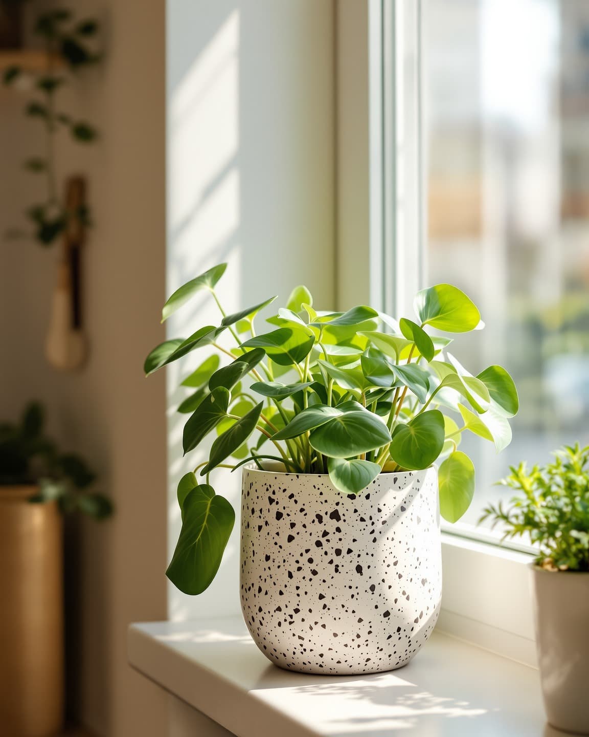 A recycled-plastic planter with a speckled terrazzo pattern holding a healthy green plant, sitting on a sunny windowsill