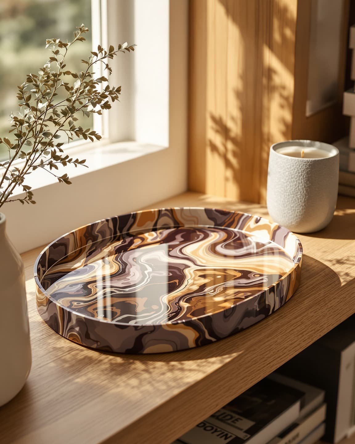 A decorative tray made from recycled plastic with flowing plum-and-amber patterns, placed on a wooden shelf beside books and a candle